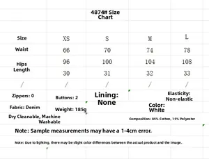 Size chart table for white denim vest and shorts set showing measurements in centimeters
