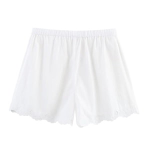 Women Embroidered Cotton Blend Shorts Scalloped Hem High Waist Elastic Waist Summer Casual Home Sleepwear Style Shorts