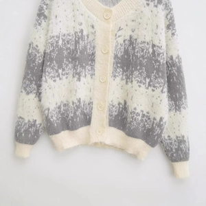 Women's V-neck gradient grey and white fuzzy knit cardigan sweater with buttons