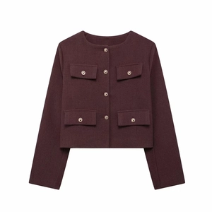 Veste courte bordeaux pour femme en tweed avec col rond et poches à rabat chic