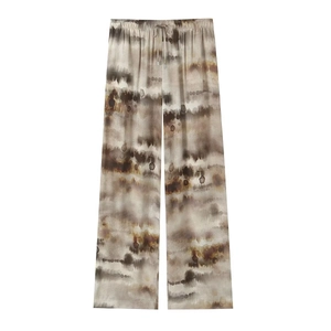 Women's wide-leg lounge pants with tie-dye marble print and adjustable drawstring waist