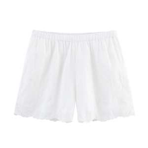 Women's white cotton shorts with floral embroidery and scalloped edges for summer