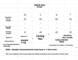 Size chart for cropped denim jacket in blue showing XS to L measurements and cotton blend info
