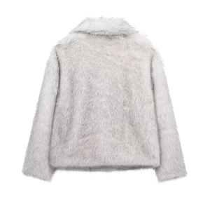 Chic gradient grey and white faux fur coat featuring a plush texture and turn-down collar