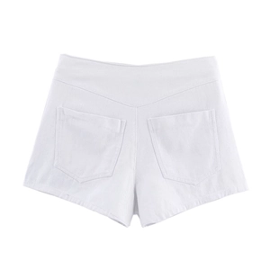 Close-up of white high-waist denim shorts with V-shaped yoke and dual rear pockets