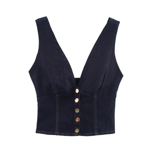 Close-up of dark blue denim vest featuring deep V-neck and five metallic gold buttons