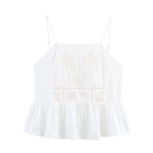 Women's White Cotton Blend Floral Embroidered Cami Top Sexy Ruffle Hem Adjustable Strap Sleeveless Summer Crop Tank Top