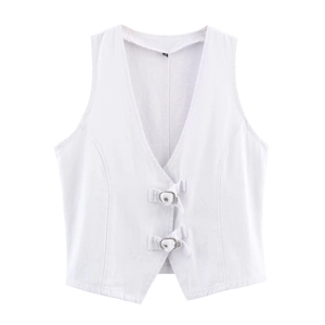 Detail of white denim vest featuring dual silver metal buckles and slim-fit V-neck design