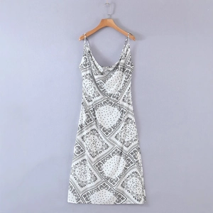 Women's summer cowl neck slip dress featuring white and black paisley print pattern