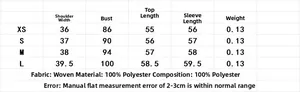 Tableau détaillé des tailles pour chemisier en mousseline avec mesures et infos sur le tissu