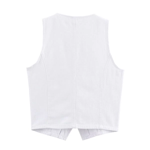 Detailed rear view of a white denim vest with multi-panel stitching and V-shaped hemline
