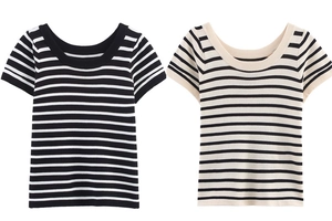 T-shirts en tricot rayé à manches courtes à plat en noir et blanc cassé disponibles