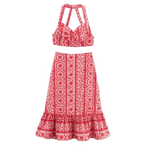 Women Floral Embroidered Halter Neck Crop Top And Ruffle Hem Maxi Skirt Top And Bottom Hollow Out Boho Streetwear