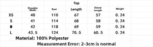 Detailed size chart for polyester shirt set including bust and length measurements