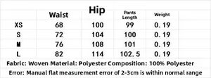 Size chart for animal print trousers showing waist, hip, and length in 100% polyester