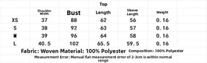 Detaillierte Größentabelle für Damenhemden aus Polyester mit Schulter- und Brustmaßen