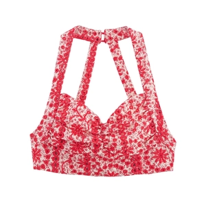 Women's summer floral embroidery halter crop top in red and white floral texture