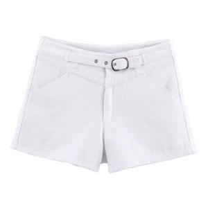 Detailed view of high-waist white denim shorts with matching belt and metal D-ring buckle