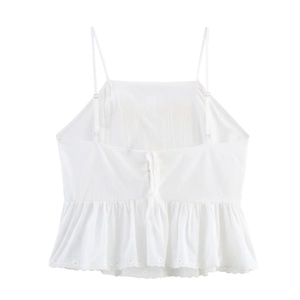 Elegant white camisole top with floral embroidery and adjustable bow straps for summer