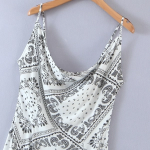 Women's paisley print slip dress with elegant cowl neck and thin spaghetti straps