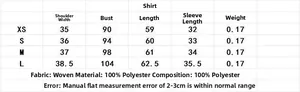 Detailed size chart for embroidered puff sleeve shirt with fabric and fit measurements