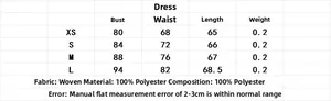 Detailed size chart for fruit print mini dress showing bust, waist and length measures