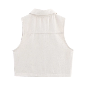 Back view detail of a cropped cream white denim vest with minimalist workwear stitching