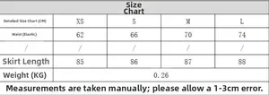 Detailed size chart for printed midi skirt showing waist and length measurements in cm