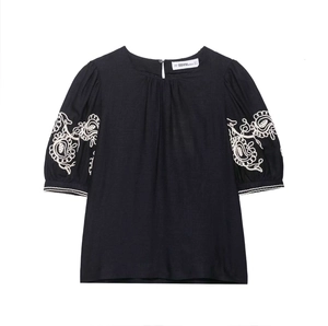 Detailed view of puff sleeves with white floral embroidery on a black cotton linen top