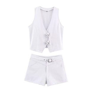 Women's Casual Polyester Denim Style Buckle Vest and Shorts Set Solid Color Patchwork Streetwear Summer Top and Bottom