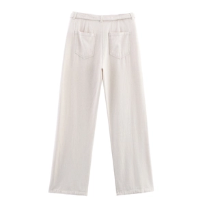 Detail view of the back of high-waisted off-white denim straight-leg trousers with pockets