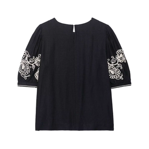 Detail of navy cotton-linen blouse showing back button closure and ethnic sleeve embroidery