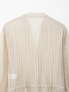 Detailaufnahme einer beigen transparenten Bluse mit vertikalen Falten und feiner Textur