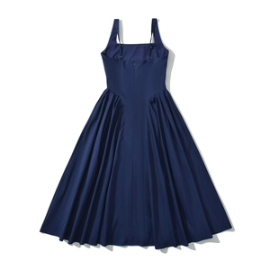 Flat lay of a dark blue sleeveless midi dress with a square neck and pleated A-line skirt