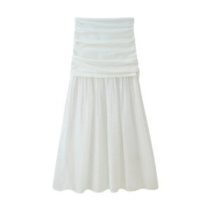 Jupe Midi à Taille Haute pour Femmes Blanc Plissé Élégant Jupe Évasée pour Vacances Décontractées Fête Vêtements de Mode