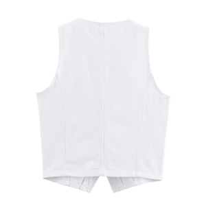 Back view of white denim vest featuring tailored structural seams and a pointed hemline