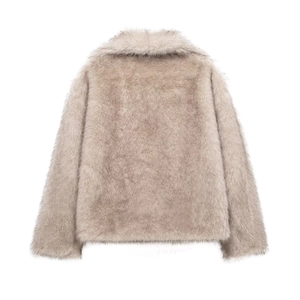 Back view of beige and taupe gradient faux fur jacket with fluffy texture and lapel
