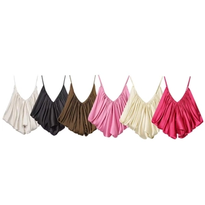 Elegant six-pack set of women's silk-satin camisole tops with V-neck and draped pleats