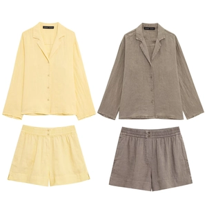 Ensemble Chemise et Short Femme en Mélange de Lin Élégant Manches Longues Col Revers Haut Boutonné Short Taille Élastique