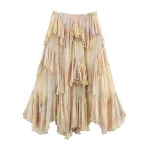 Women Vintage Floral Tiered Ruffle Midi Skirt Boho High Waist Elastic Smocked Chiffon Flowy A-Line Skirt For Vacation Daily