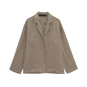 Ensemble chemise à manches longues et short pour femme en lin gris-brun au style décontracté