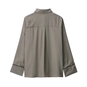 Minimalist grey satin long-sleeve shirt with back view and black piped contrast cuffs