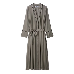 Vestaglia Lunga In Raso Da Donna Taupe Scollo A V Bordino A Contrasto Cintura Camicia Da Notte Loungewear Comoda Maxi Abito