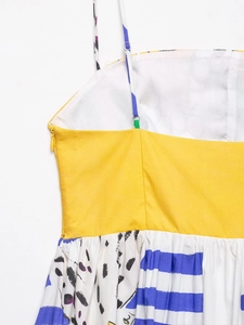 Close-up of yellow fruit print dress featuring adjustable straps and hidden side zipper