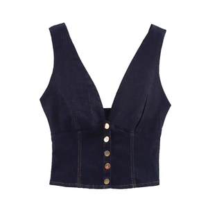 Women Sexy Deep V-Neck Denim Crop Top Sleeveless Button Up Retro Streetwear Vest Dark Blue Cotton Blend Jean Top