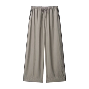 Women minimalist grey wide leg casual trousers with drawstring waist and side stripes