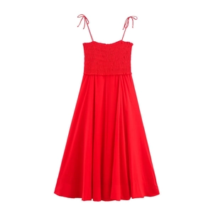 Elegant red midi dress with spaghetti straps and smocked bodice on white background