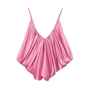 Pink silk satin camisole top with elegant draped pleats for 2025 spring fashion