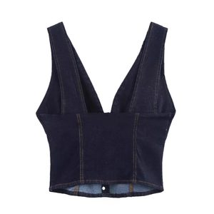 Deep blue denim crop top vest with deep V-neck, contrast stitching and slim fit design