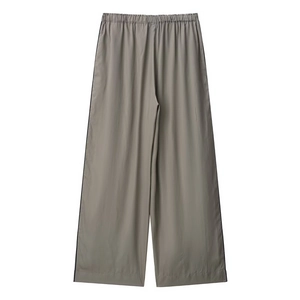 Women's minimalist grey wide-leg trousers with black side stripes and elastic waist